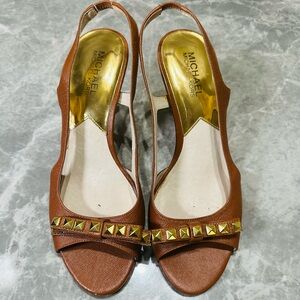 Michael Kors Womens Shoes Brown Leather Heels Sandals Bow Studded Size 7 1/2 M
